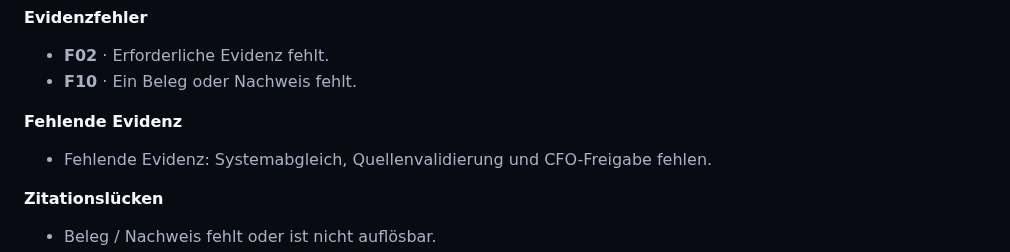 Steerion Cognitive OS: Evidenzdiagnose mit Evidenzfehlern F02 und F10, fehlender Evidenz und Zitationslücken (synthetische Demo-Daten)